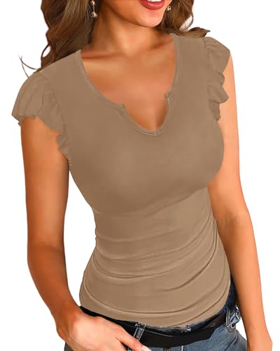 Basicspasce Damen Gerippt Geraffte Manschetten Kurze Ärmel Slim Basic Shirt Klassisch Vielseitig dehnbares Top Sommermode Khaki T Shirt(Khaki,XL) von Basicspace