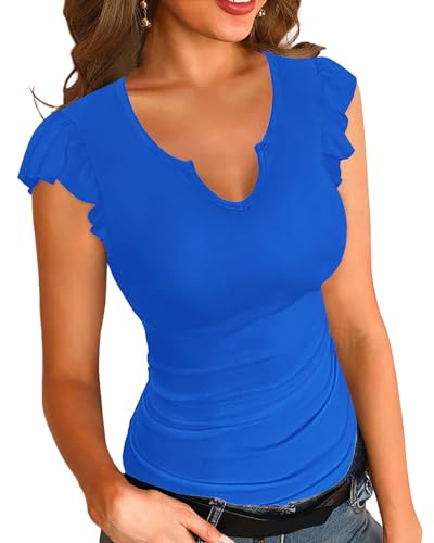 Basicspasce Damen Rundhalsausschnitt V-Ausschnitt Shirt Casual Slim Ruffle Cuffs Soft Stretch Elegant Sommer Gerippt Blau Top (Blau, L) von Basicspace