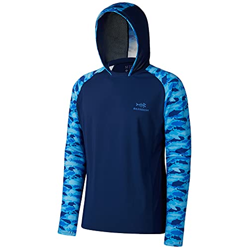 Bassdash Herren UPF 50 Sonnenschutz UV-Schutz Kapuzenpullover Funktion Hoodie Langarm Angeln Shirt Camo,Groß,Dunkelblau/Fischschwarm von Bassdash