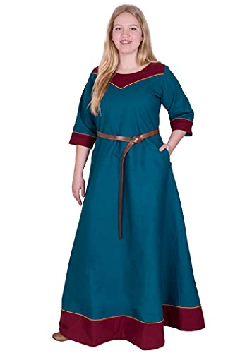 Battle-Merchant Mittelalter Kleid Damen Gesine lang | Wikinger Kostüm LARP Kleidung | mit eingenähten Taschen | Canvas Baumwolle (Petrol, XXL) von Battle-Merchant