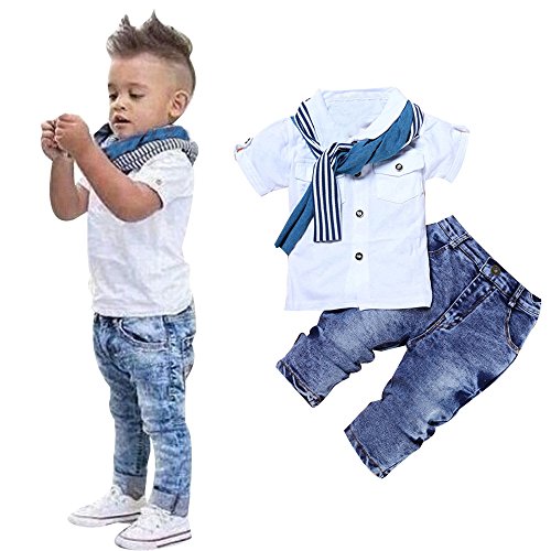 Battnot Baby Jungen Bekleidungssets 3tlg Sets Kurzarm T-Shirt Tops+Schal +Denim Lange Jeanshosen 3er Neugeborene Sommer Solide Outfits Knöpfe, 2-5 Jahre Kleinkind Kinder Boys Gentleman Kleidung von Battnot