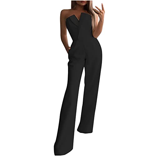 Battnot Damen Jumpsuit Ärmellos Hohe Taille Cocktail Party Overalls Hosenanzug Playsuit Lang Romper für Hochzeit Loose Baggy, A#schwarz von Battnot