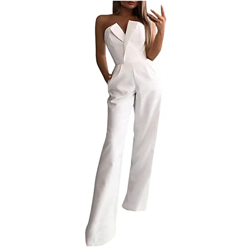 Battnot Damen Jumpsuit Ärmellos Hohe Taille Cocktail Party Overalls Hosenanzug Playsuit Lang Romper für Hochzeit Loose Baggy, B#weiß, XXL von Battnot