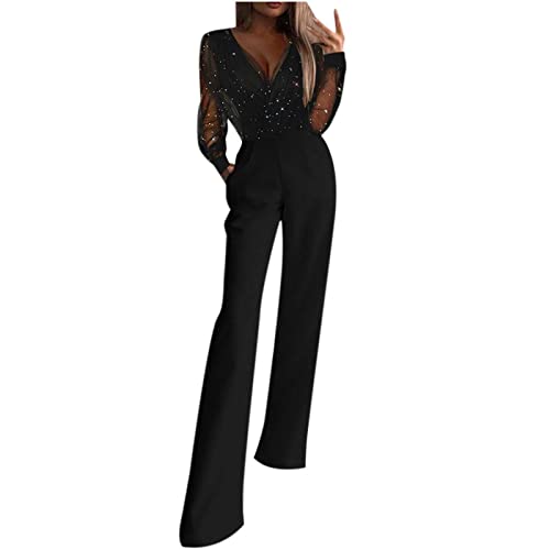 Battnot Damen Jumpsuit Elegant, Frauen Casual Sexy V-Ausschnitt Langarm Wide Leg Romper Playsuits Womens Schick Party Kleidung Lang Overall Schwarz Rot Grün Khaki S,M,L,XL von Battnot