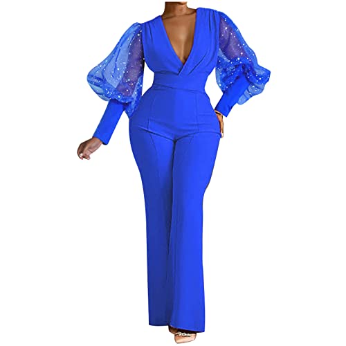 Battnot Damen Jumpsuits Langarm Mesh V-Ausschnitt Casual Style Langarm Strampler Weite Jumpsuits Glitzer Jumpsuit Lang Overall Jumpsuits Playsuit Romper Cocktail Party Festlich Overalls, A#blau, XXL von Battnot