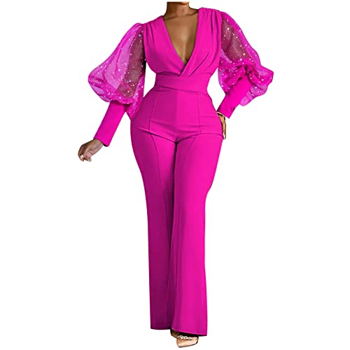 Battnot Damen Jumpsuits Langarm Mesh V-Ausschnitt Style Strampler Weite Glitzer Jumpsuit Lang Overall Playsuit Romper Cocktail Party Overalls, A#heiß Rosa, XL von Battnot