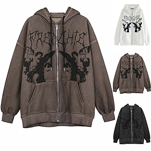 Battnot Damen Zip Up Hoodie Y2k Aesthetic Kapuzenpullover Oversized Sweatshirts Jacke E-Girl 90er Vintage Streetwear Übergroße Hoodies Ästhetische Pullover Sweatshirt Kapuzenjacke Y2K Fashion Top von Battnot