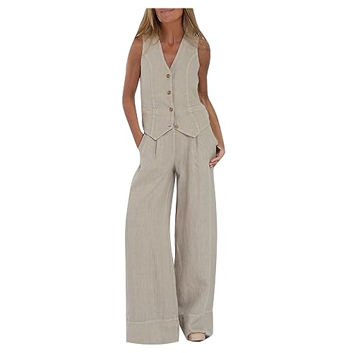 Battnot Hosenanzug Damen Zweiteiliger Anzug Set Elegant V-Ausschnitt Ärmellos Weste und Hose 2 Stück Casual Leinen Outfit Sets Leinenanzug Damen Sommer Tshirt Top und Weite Beine Hose Freizeitanzug von Battnot