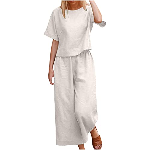 Battnot Leinen Zweiteiler Damen Hose und Kurzarm Top Sommer 2-Teiliges Hosenanzug Set Elegant Freizeitanzug Top und Weite Beine Hose Outfit Leinenanzug Sportanzug Trainingsanzug Lose Zweiteilige von Battnot