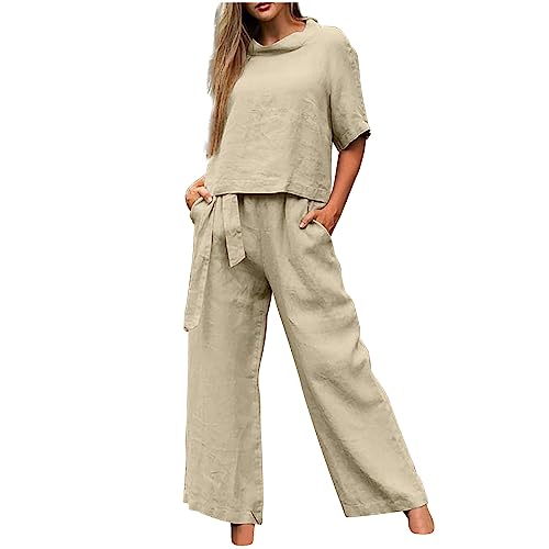 Battnot Leinenanzug Damen Zweiteiler Damen Sommer Freizeit Trainingsanzug Jogginganzug Hosenanzug Damen Elegant 2 Teiler Leinen Set Damen Sommer Loungewear Set Weite Hose Leinen Set Damen Outfit von Battnot