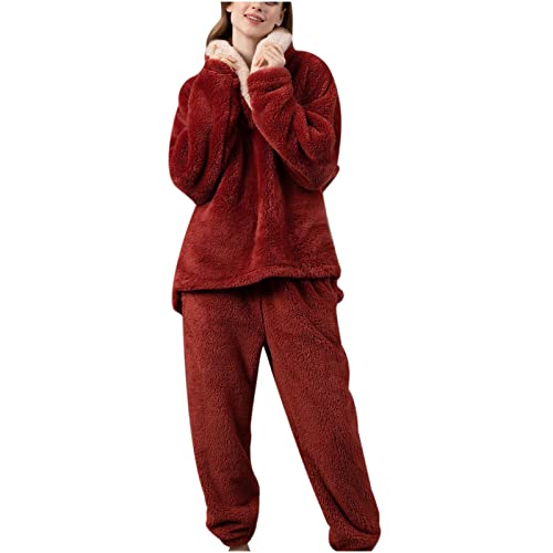 Damen Fleece Schlafanzug Frauen Zweiteiler Kuschelanzug Nicki Flauschig Schlafanzüge Fleece Flanell Thermo Winter Pyjama Set Thermokleidung Hausanzug Schlafanzug Damen Lang Fleece Warm Pyjama Set von Battnot