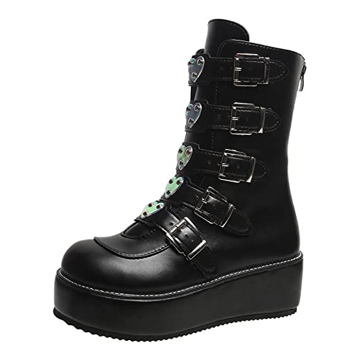 Damen Gothic Stiefel Keilabsatz Goth Stiefel Plateau Schwarz Plattform Biker Boots Stiefel Damen Chunky Plateau Kniehohe Stiefel High Heel Runde Punk Goth Mid Calf Kampfstiefel Für Frauen von Battnot