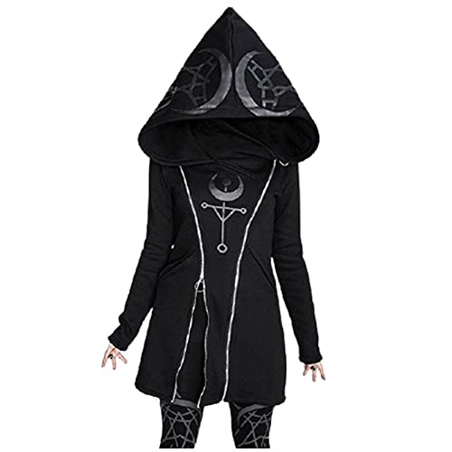 Battnot Gothic Mantel Damen Hoodie Sweatshirt Jacke Punk Outfit Steampunk Kleidung Party Herbst Winter Moon Druck üBergangsjacke Streetwear Hoodies Cardigan Outwear Halloween Karneval Kostüm von Battnot