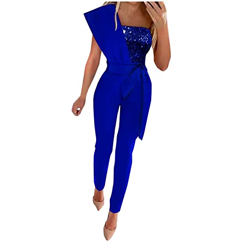 Battnot Jumpsuit Damen Overall Einteiler Lang Hosenanzug Playsuit Jogginganzug Romper Einfarbig Strampler Spielanzug Mit Gürtel Overalls Cocktail Party, B#blau von Battnot