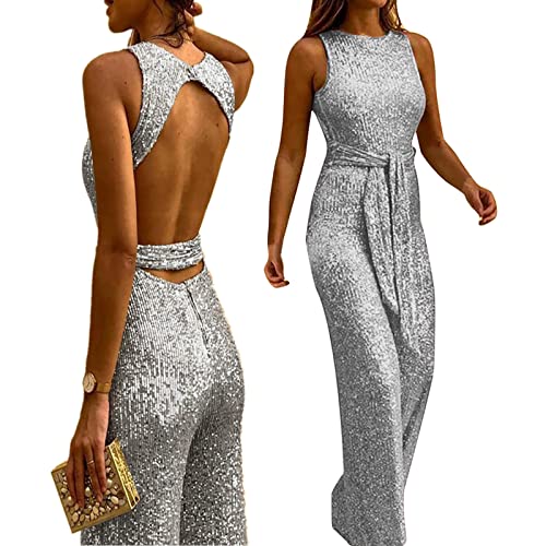 Jumpsuit Damen Elegante Festlich Hochzeit Jumpsuit Damen Pailletten Jumpsuit Frauen Rückenfreies Y2k Hose Overall Sommer Ärmellos Einteiler Lang Overall Hosenanzug Hohe Taille Romper mit Gürtel von Battnot