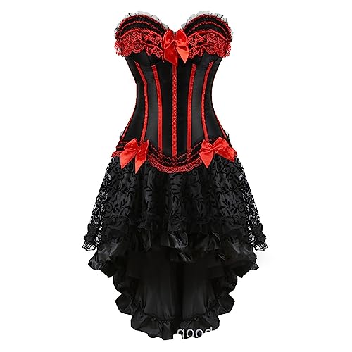 Korsett Kleid Damen Halloween Rock Set Steampunk Corsage mit Strapsen Corset Dress Bustier Damen Corsagenkleid Kostüm Pirat Gothic Korsett Rock Corsage Bustier Set Halloween Kostüm Damen von Battnot