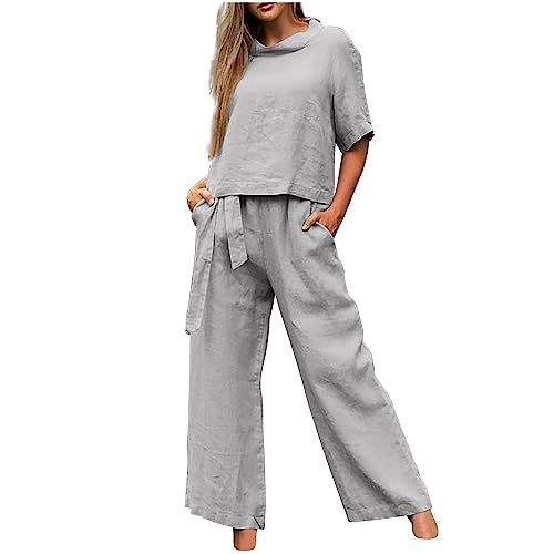 Sommer Outfits Damen Leinen Zweiteiler Damen Sommer Hosenanzug Damen Hochzeit Festlich Elegant 2 Teilig Loungewear Einfarbig Sommer Outfits Streetwear Freizeitanzug Anzug 2 Teiler Set B#grau M von Battnot