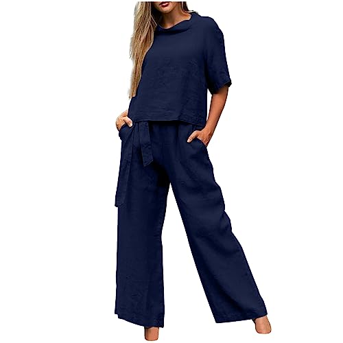 Sommer Outfits Damen Leinen Zweiteiler Damen Sommer Hosenanzug Damen Hochzeit Festlich Elegant 2 Teilig Loungewear Einfarbig Sommer Outfits Streetwear Freizeitanzug Anzug 2 Teiler Set B#marine XXL von Battnot