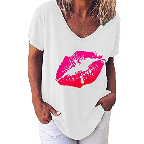 T-Shirt Damen 80er Jahre Tshirt mit Lippen Karneval Kostüm 90er Jahre Kostüm Lustig T Shirt Sommer Kurzarm Oberteil Rundhals Lippen Neon Shirt Party Retro T-Shirt Tops Tunika Streetwear von Battnot