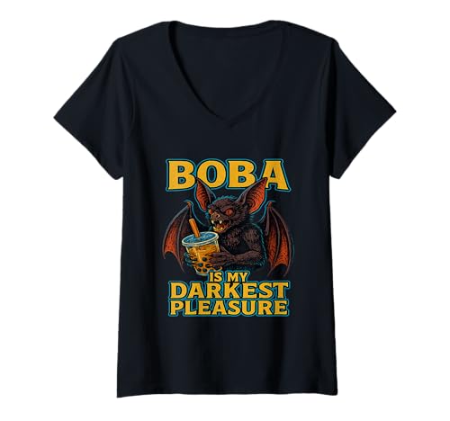 Damen Boba Is My Darkest Pleasure Fledermaus-Design T-Shirt mit V-Ausschnitt Damen Boba Is My Darkest Pleasure Fledermaus-Design T-Shirt mit V-Ausschnitt von Batty for Boba