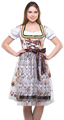 Bavarian Clothes Dirndl Damen Braun Weiß mit Tüllschürze, 3 teiliges Set '7030' Midi Trachten Dirndl Blumenmuster Dirndlbluse (Größe 36) von Bavarian Clothes