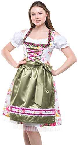 Bavarian Clothes Dirndl Damen Grün Rosa Trachtenkleid 3 teilig '7020' Midi Dirndl mit Dirndlbluse und Bestickter Dirndlschürze (Größe 34) von Bavarian Clothes