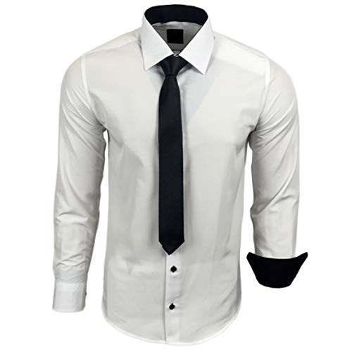 Baxboy 444-BK Herren Kontrast Hemd Business Hemden mit Krawatte Hochzeit Freizeit Fit, Farbe:Weiss/Schwarz, Größe:L von Baxboy
