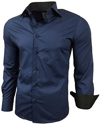 Baxboy Herren-Hemd Slim-Fit Bügelleicht Für Anzug, Business, Hochzeit, Freizeit - Langarm Hemden für Männer Langarmhemd R-44, Farbe:Marine, Größe:3XL von Baxboy