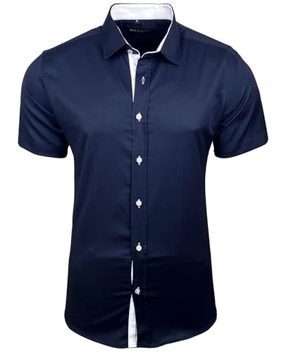 Baxboy Herren Hemd Slim-Fit Bügelleichte Business Hochzeit Freizeithemd Kurzarm Hemden für Männer Modern B-455 S-4XL, Farbe:Marine, Größe:L von Baxboy