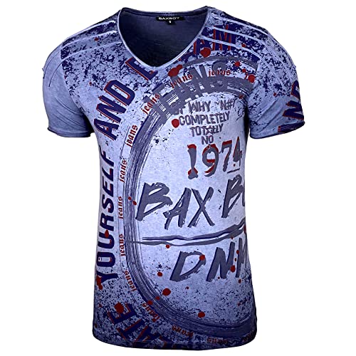 Baxboy Herren Rundhals Vintage Verwaschen T-Shirt Kurzarm Slim Fit Design Fashion Top Print Shirt 109, Farbe:Blau, Größe:S von Baxboy