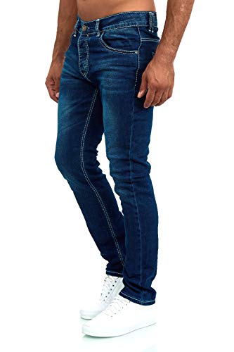 Baxboy Jeans Herren Slim Fit Stretch Jeanshose Designer Stonewashed Dicke Nähte Vintage Hose Blau Denim, Farbe:9000 Dunkel Blau, Hosengröße:W32/L32 von Baxboy