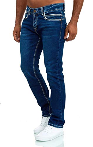 Baxboy Jeans Herren Slim Fit Stretch Jeanshose Designer Stonewashed Dicke Nähte Vintage Hose Blau Denim, Farbe:9653 Dunkelblau, Hosengröße:W34/L32 von Baxboy