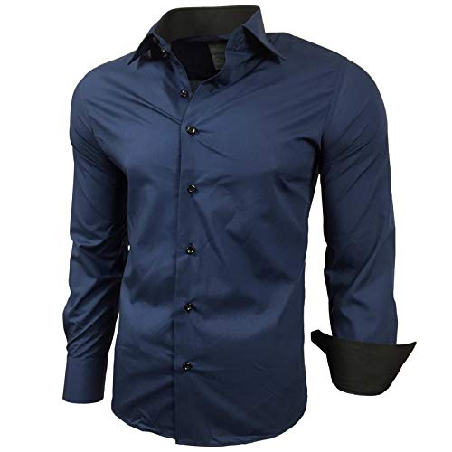 Baxboy Kontrast Herren Slim Fit Hemden Business Freizeit Langarm Hemd RN-44-2, Farbe:Marine, Größe:4XL von Baxboy