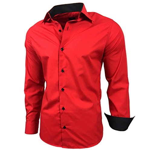 Baxboy Kontrast Herren Slim Fit Hemden Business Freizeit Langarm Hemd RN-44-2, Farbe:Rot, Größe:2XL von Baxboy