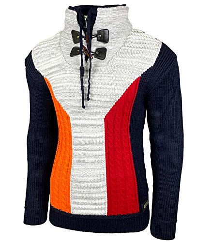 Herren Grobstrick Pullover Strickpullover Doppeltem Stehkragen Winter-Freizeit-Jacke Muster Design Meliert Sweatshirt Pulli B-51113, Farbe:Blau, Größe:S von Baxboy