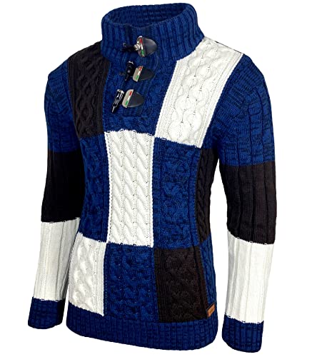 Herren Grobstrick Pullover Strickpullover Stehkragen Winter-Freizeit-Jacke Muster Design Meliert Sweatshirt Pulli B-51112, Farbe:Blau, Größe:XL von Baxboy