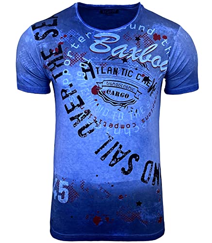 Herren Rundhals Vintage T-Shirt Kurzarm Slim Fit Design Fashion Top All Over Print Shirt B-106, Farbe:Blau, Größe:L von Baxboy