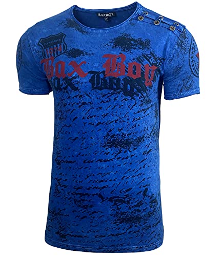 Herren Rundhals Vintage T-Shirt Kurzarm Slim Fit Design Fashion Top Print Shirt 102, Farbe:Marine, Größe:2XL von Baxboy