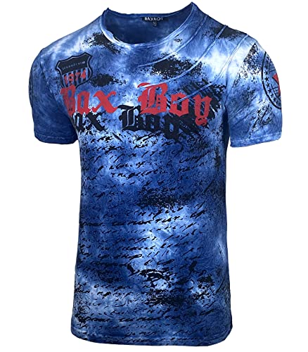 Herren Rundhals Vintage Waschung Washed T-Shirt Kurzarm Slim Fit Design Fashion Top Print Shirt 103, Farbe:Marine, Größe:L von Baxboy