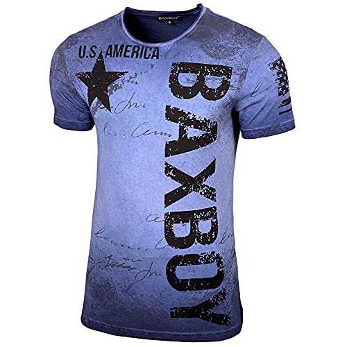 Herren Rundhals Vintage Verwaschen Stretch T-Shirt Kurzarm Slim Fit Design Fashion Shirt B-08, Farbe:Blau, Größe:2XL von Baxboy