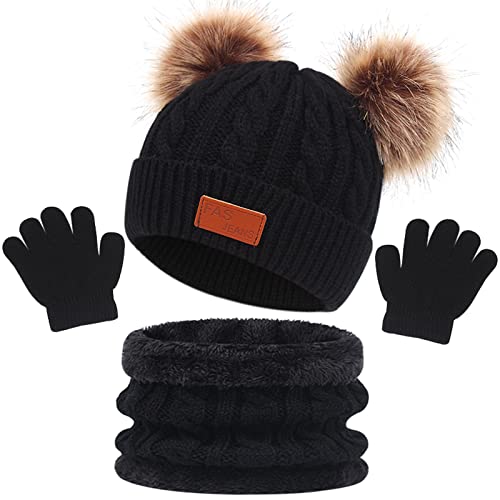 3 Stück Mädchen Winter Beanie Hut, Schal, Handschuhe Set,Kinder Wintermütze Schal Handschuhe Set, Mütze Warme Beanie Hut Jungen Handschuhe Runder Schal Set für Kinder 1-6 Jahre Alt (Schwarz) von Baynetin