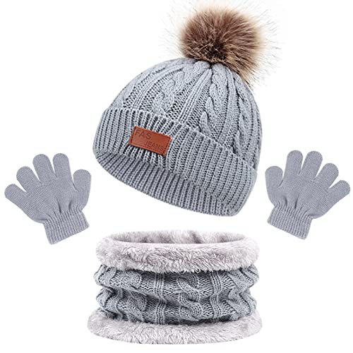 3in1 Winter Beanie Hut, Schal, Handschuhe Set,Kinder Wintermütze Schal Handschuhe Mädchen Set, Baby Mütze Warme Winter Beanie Hut Jungen Handschuhe Runder Schal Set für Kinder 1-5 Jahre Alt (Grau) von Baynetin