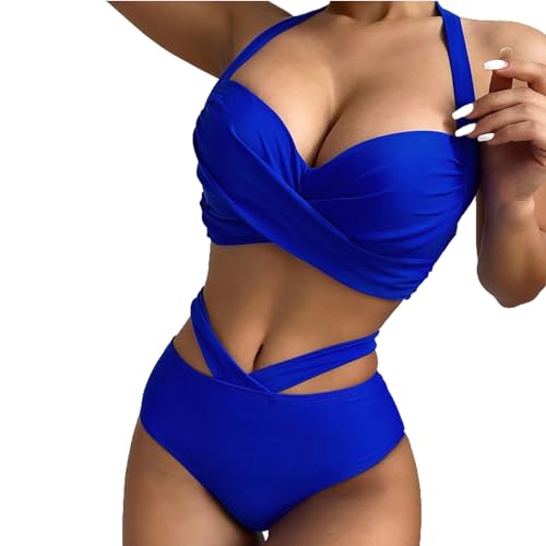 Badeanzüge für Frauen,Hohe Taille Damenbikinis,Wickel Bikini Set Fraue,Criss Cross String High Waisted Push Up 2 Stück Badeanzug Einfarbig Badeanzüge Deep V-Neck Sporty Beach Bikini (Blau, M) von Baynetin