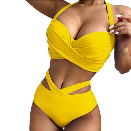 Badeanzüge für Frauen,Hohe Taille Damenbikinis,Wickel Bikini Set Fraue,Criss Cross String High Waisted Push Up 2 Stück Badeanzug Einfarbig Badeanzüge Deep V-Neck Sporty Beach Bikini (Gelb, S) von Baynetin