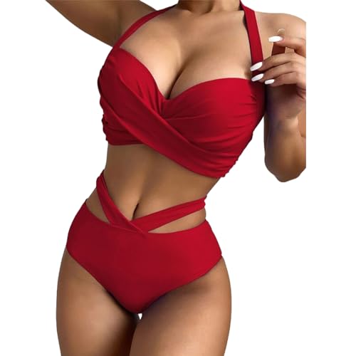 Badeanzüge für Frauen,Hohe Taille Damenbikinis,Wickel Bikini Set Fraue,Criss Cross String High Waisted Push Up 2 Stück Badeanzug Einfarbig Badeanzüge Deep V-Neck Sporty Beach Bikini (Rotwein, S) von Baynetin