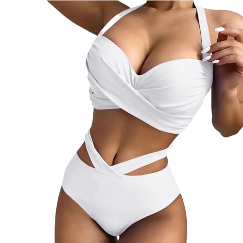 Badeanzüge für Frauen,Hohe Taille Damenbikinis,Wickel Bikini Set Fraue,Criss Cross String High Waisted Push Up 2 Stück Badeanzug Einfarbig Badeanzüge Deep V-Neck Sporty Beach Bikini (Weiß, S) von Baynetin