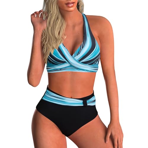 Baynetin Damen Bikini Set Zweiteiliger Badeanzug V Ausschnitt überkreuztes Blumenmuster Sexy Push Up Bademode Bauchkontrolle Swimsuit (Blaue Streifen, L) von Baynetin