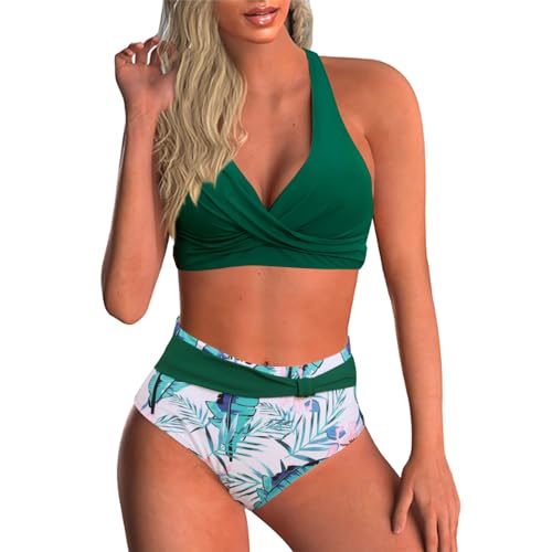 Baynetin Damen Bikini Set Zweiteiliger Badeanzug V Ausschnitt überkreuztes Blumenmuster Sexy Push Up Bademode Bauchkontrolle Swimsuit (Grüne Blätter, L) von Baynetin