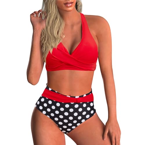 Baynetin Damen Bikini Set Zweiteiliger Badeanzug V Ausschnitt überkreuztes Blumenmuster Sexy Push Up Bademode Bauchkontrolle Swimsuit (Rote + Schwarze Punkte, L) von Baynetin