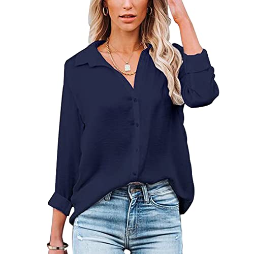 Baynetin Damen Bluse-Kurzarm/Langarm-V-Ausschnitt-Elegante Button down-Oberteile Casual Business Arbeit Tops Langarmshirt Kurzarmshirt (Navy blau, S) von Baynetin